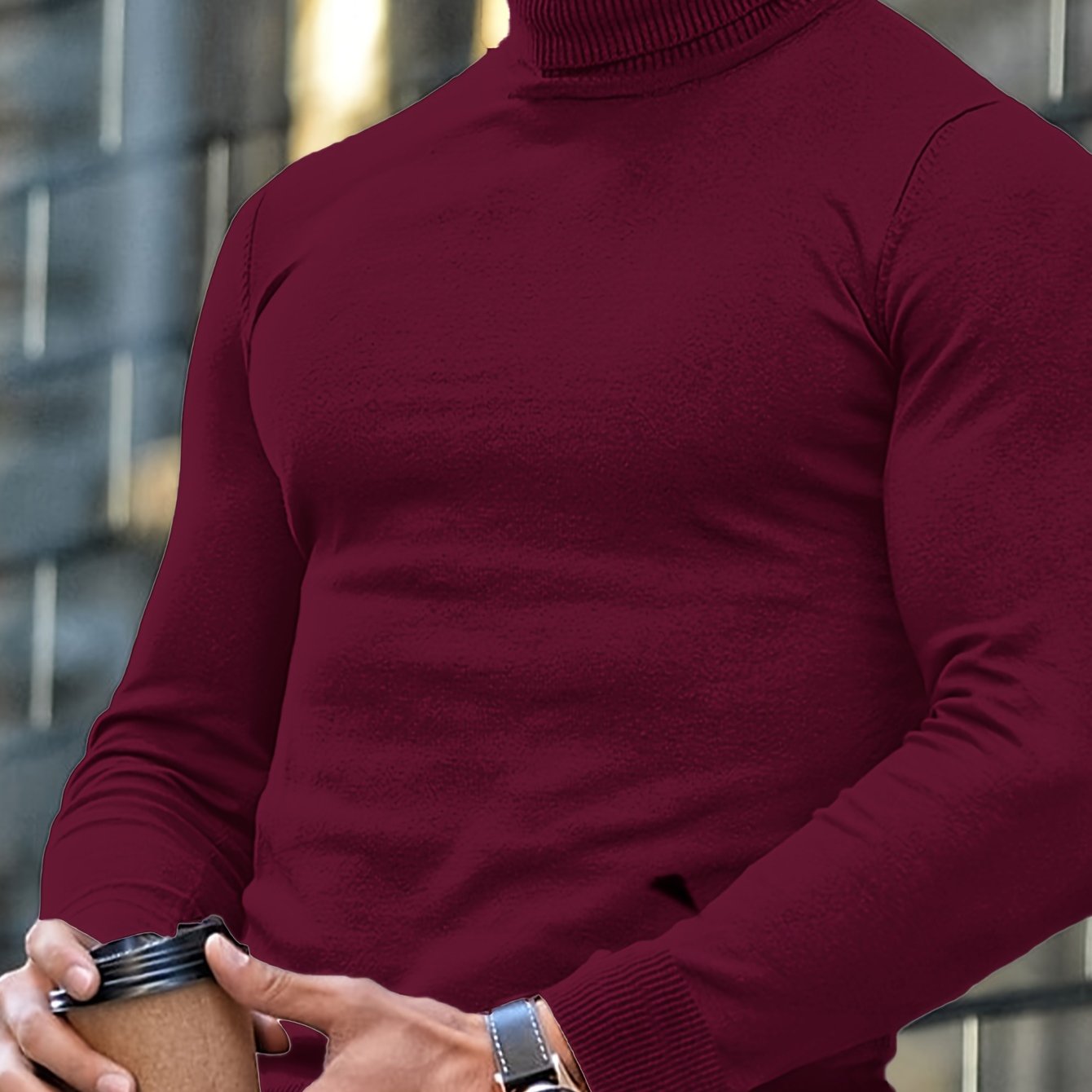 Brown turtleneck sweater for plus size men, perfect for fall/winter. Features ribbed cuffs and hem.