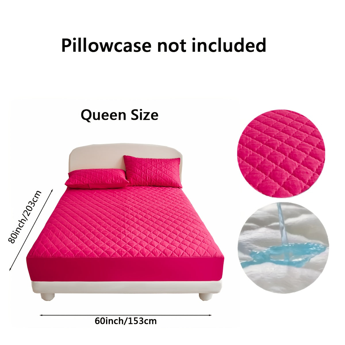 Diamond quilted waterproof bed sheet protector made of 100% woven polyester. Machine washable and available in multiple sizes (pillow shams not included).