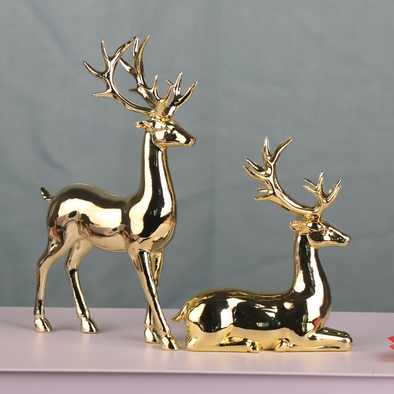 Luxurious gold-plated Christmas reindeer statues - perfect for home decor, wine cabinet display, holiday tabletop accents, and as a gift.