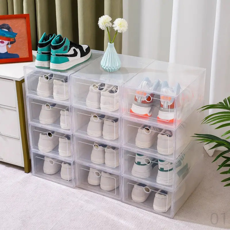 These shoe boxes are perfect for organizing your shoes and keeping them dust-free. With a sturdy design and flap closure, these clear plastic shoe boxes are foldable and can be used in any room of the house for convenient storage.