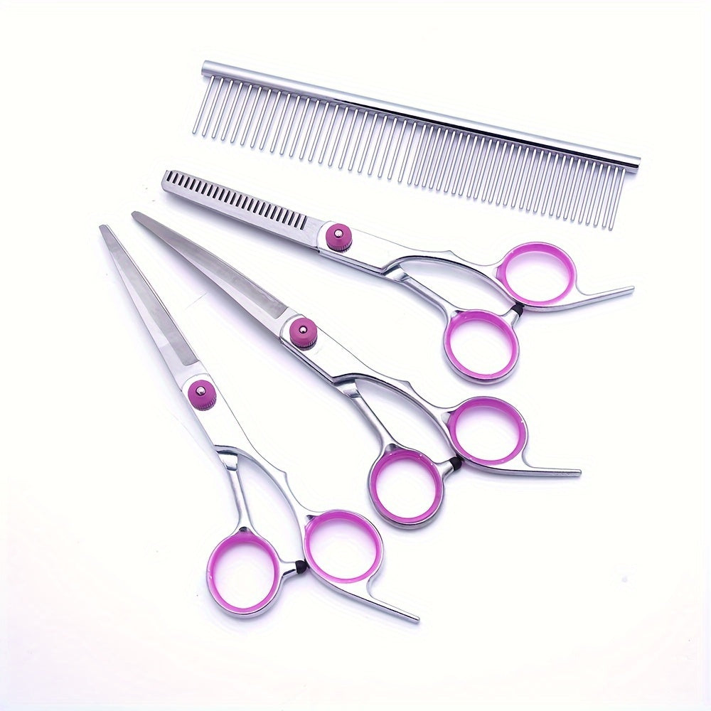 Professional 5-in-1 grooming kit for dogs and cats, includes curved shears, comb, and trimming tools.