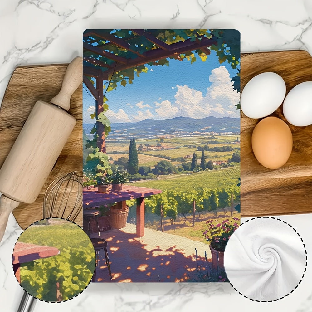 2-pack of plush kitchen towels, perfect for a day of wine tasting at a nearby vineyard. These ultra-soft and highly absorbent dish towels are ideal for adding a festive touch to your kitchen decor. Machine washable and measuring 16x24 inches each. Item