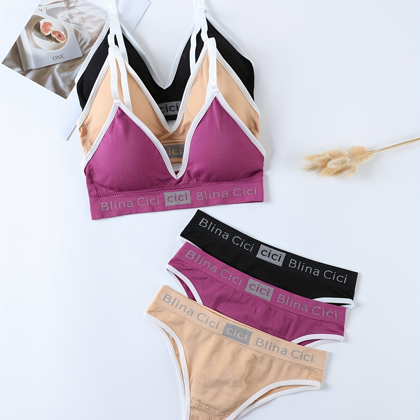 3-piece letter print lingerie set for women, includes a wireless sports bra and elastic panties.