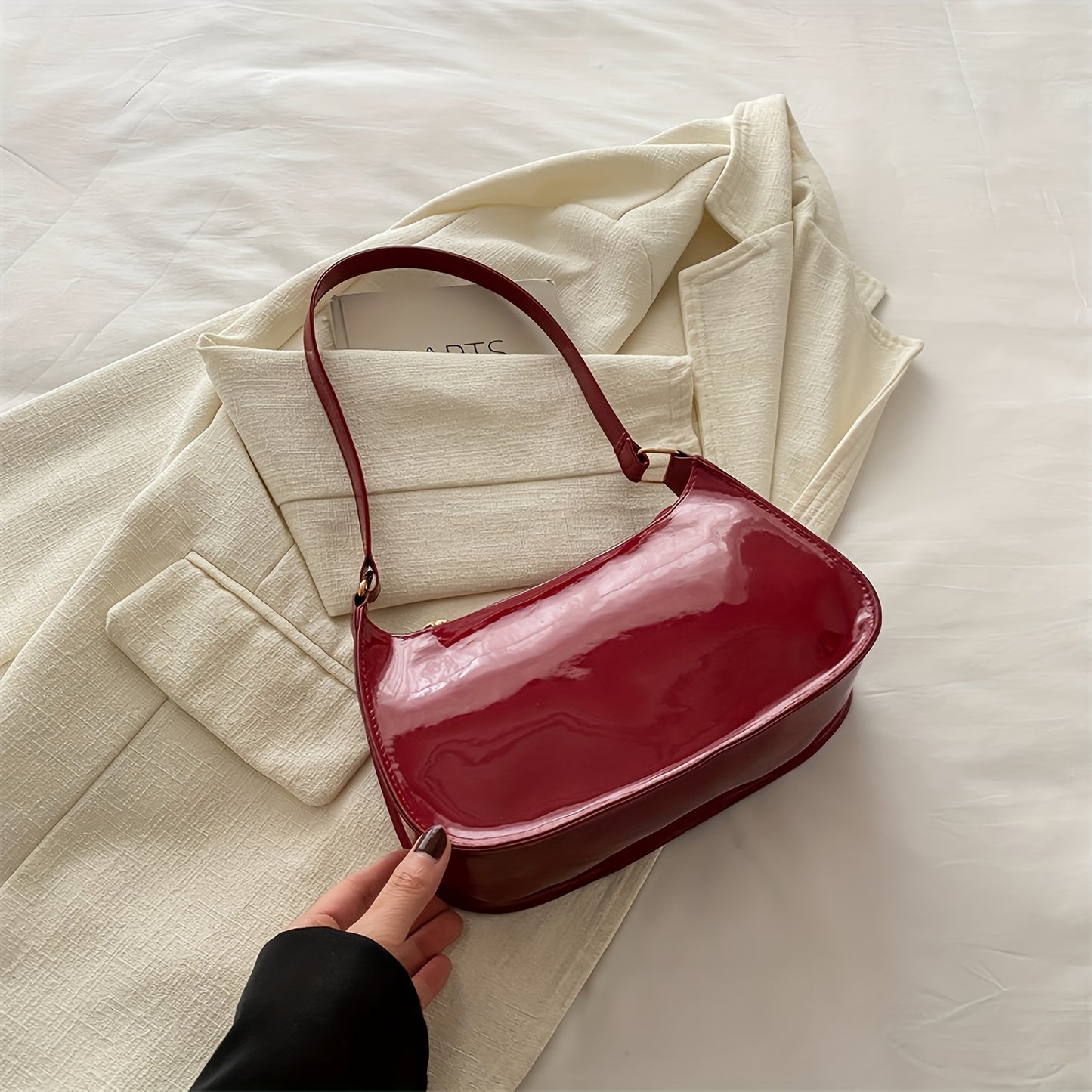 Stylish solid color PU shoulder bag with zipper closure and edge paint - perfect for daily use, shopping, and gift giving. Hand washable and unlined.