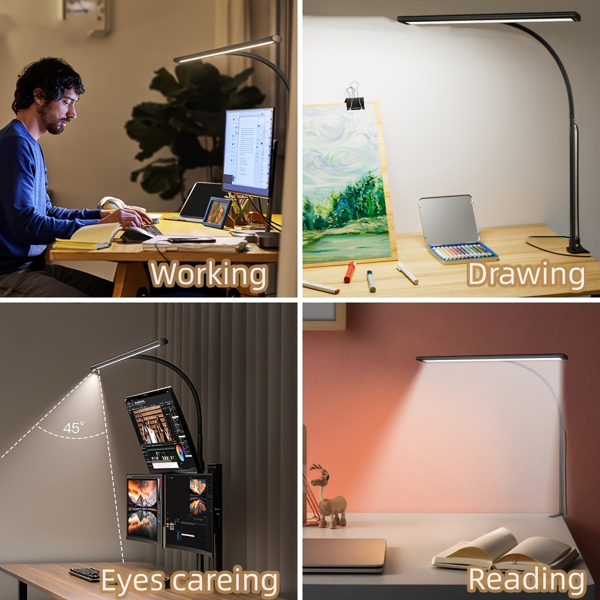 Black desk lamp with clamp for home office gaming table. Reading light with no glare. Dimmable light mode and adjustable brightness. Adjustable angle and USB charging (adapter not included).