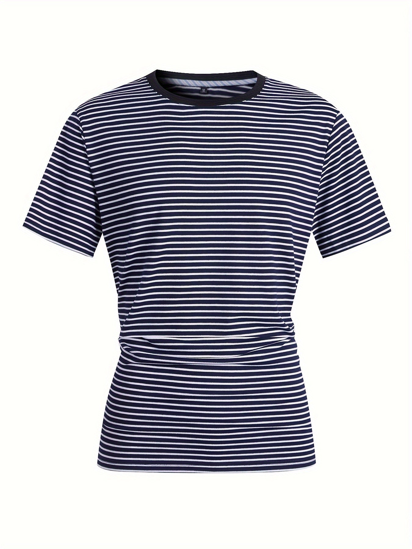 Men's Casual Striped T-Shirt - Soft Polyester & Spandex Blend, Crew Neck, Short Sleeve, Summer Wear