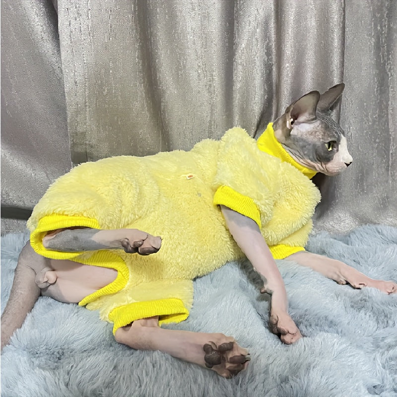 Cozy plush sweater for Sphinx & Devon Rex cats in stylish purple turtleneck, great for hairless cats in autumn/winter. Made with easy-care polyester, machine washable.