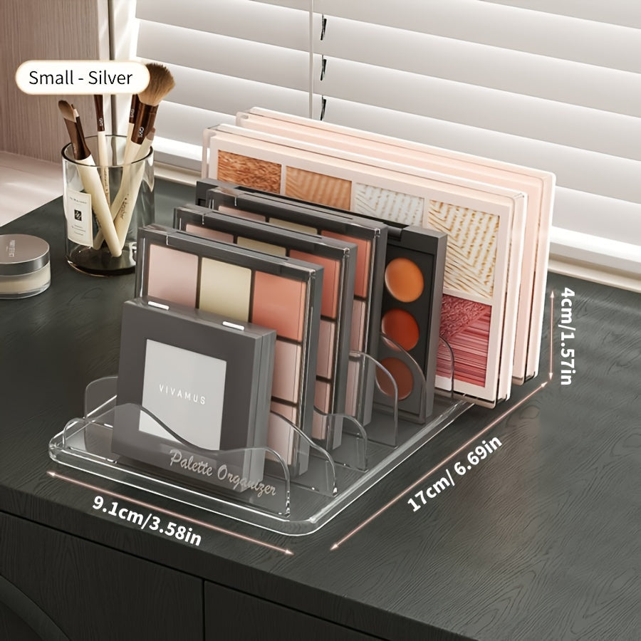 Plastic makeup palette organizer with wave divider, countertop storage rack for cosmetics. Compact and lightweight, under 68.58 cm tall. Stores multiple makeup palettes.