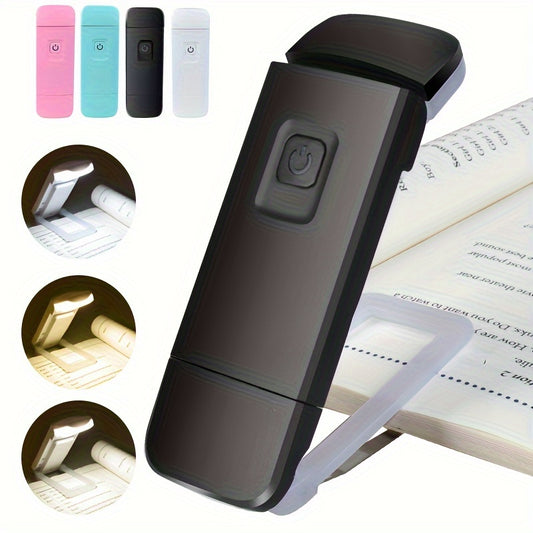 A rechargeable LED clip-on book light with adjustable brightness, eye-protection, and portable USB-powered design for reading in the bedroom or at the desk.