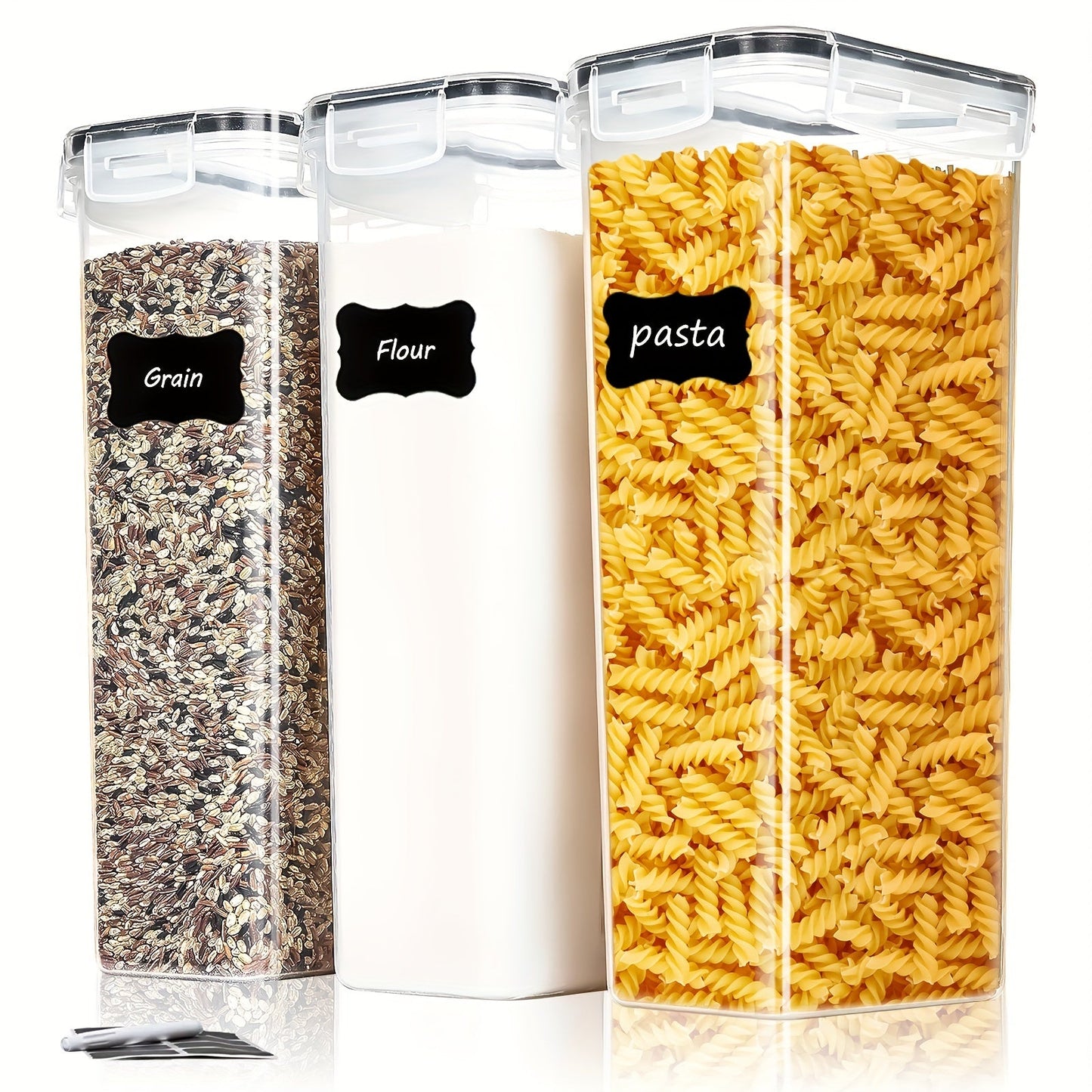 Set of three 81-ounce airtight food storage containers with lids. These containers are BPA free, stackable, and dishwasher safe, perfect for storing flour, sugar, grains, and other items. Includes labels and marker for easy organization.