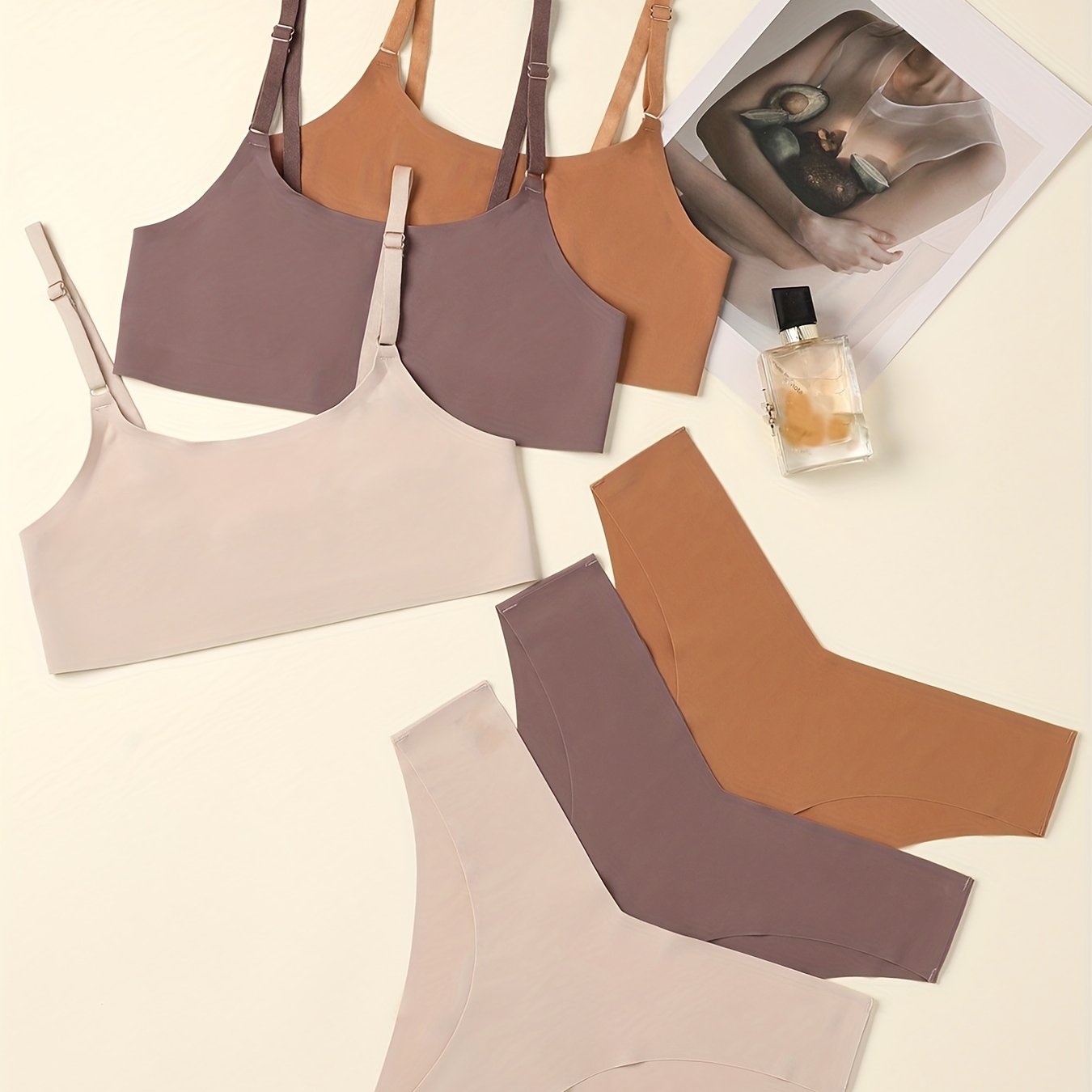 Three-piece set of simple solid bra and panties, featuring a soft full-coverage bra and seamless panties, ideal for women's lingerie and underwear.