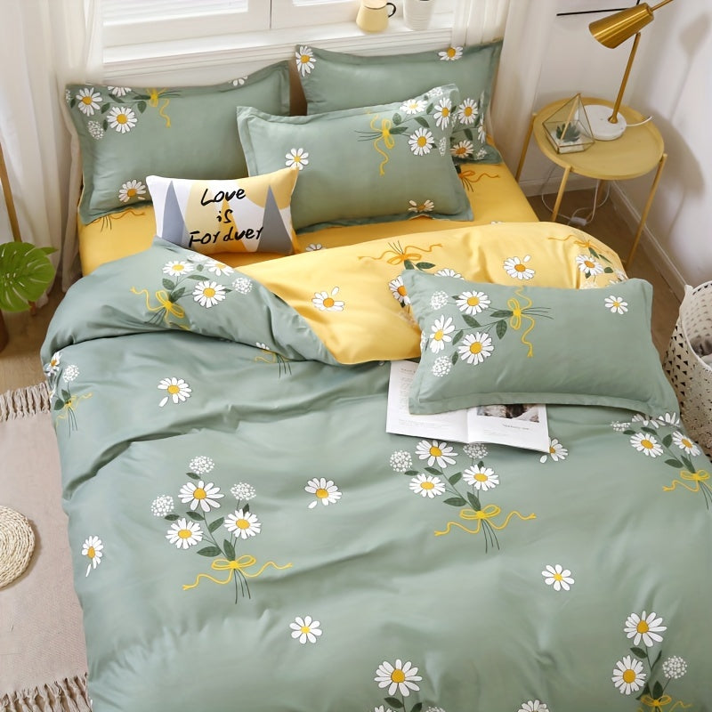 Fresh Daisy Print Duvet Cover Set includes 1 Flat Sheet, 1 Duvet Cover, and 2 Pillowcases. Soft, comfortable, and skin-friendly. Perfect for bedroom or guest room. No core included.