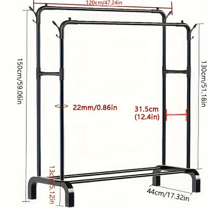 Large capacity, floor-standing clothes drying rack with double pole design. Suitable for bedroom, balcony, or bathroom. Requires self-assembly.