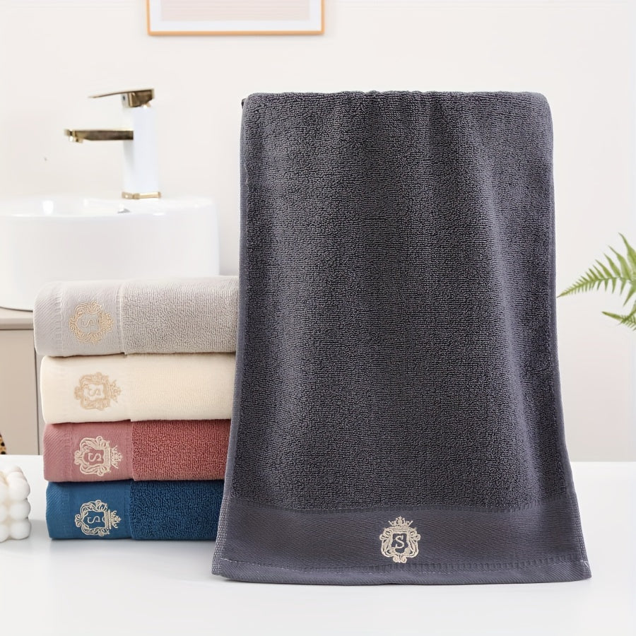 Modern, soft cotton towel set with embroidered character design and luxury crown motif. Highly absorbent, 450 GSM knit fabric. Perfect bathroom gift collection.