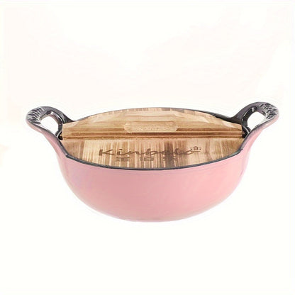 Large 47oz Enamel Cast Iron Dutch Oven with Wooden Lid - Non-Stick Coating, Great for Cooking, Baking & Storing - Perfect Present