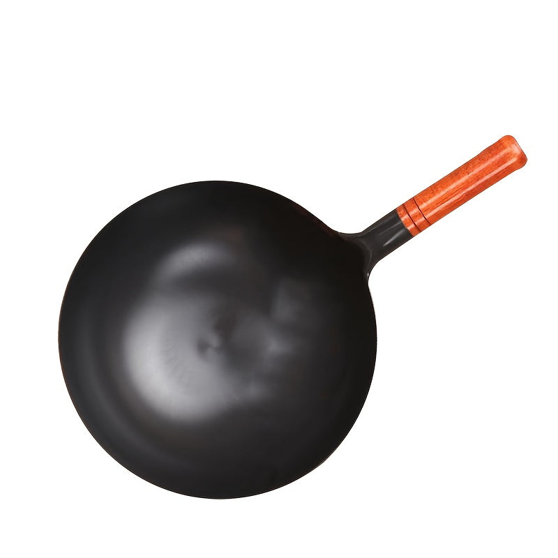 One Piece of Traditional Chinese Cast Iron Wok with Uncoated Non-Stick Surface, Wooden Handle, Hand Wash Only, for Use on Gas Stoves