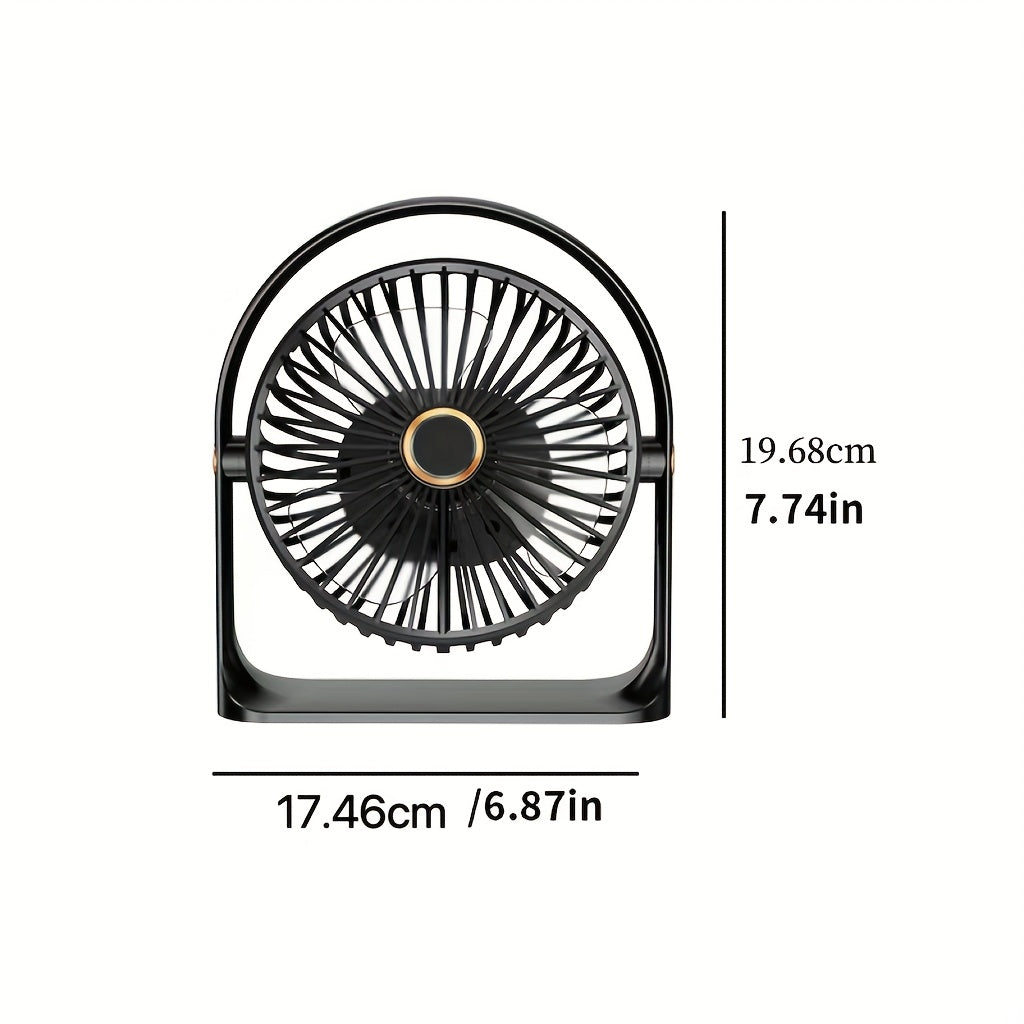 Compact LED table fan featuring a backlight, 6-inch size perfect for personal use. Rechargeable via USB with a long-lasting 1200mAh lithium battery for quiet operation. Great for office, fishing, camping, and travel. Makes an ideal gift for Father's Day