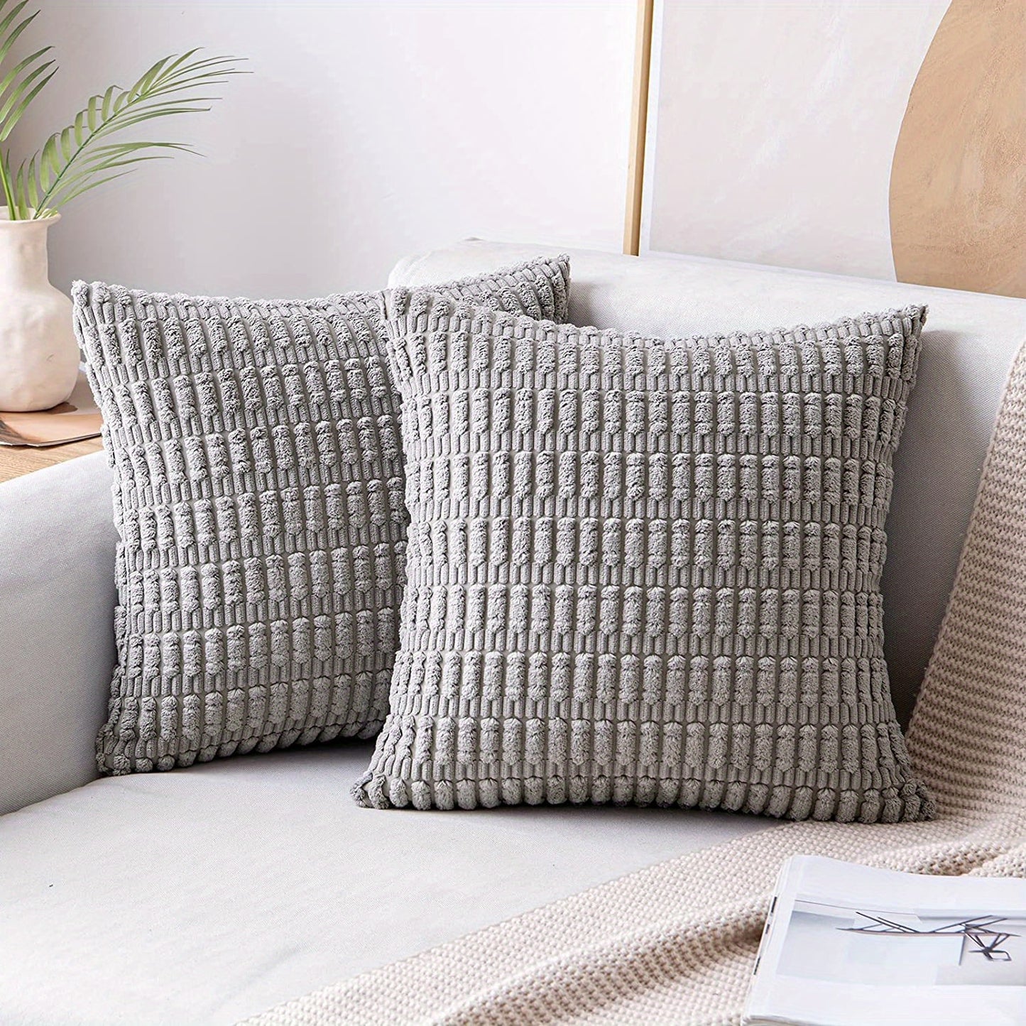 2 Corduroy Decorative Throw Pillow Covers, Soft Boho Striped design for modern farmhouse home decor, suitable for sofa, living room, couch, and bed. Pillow cores not included.