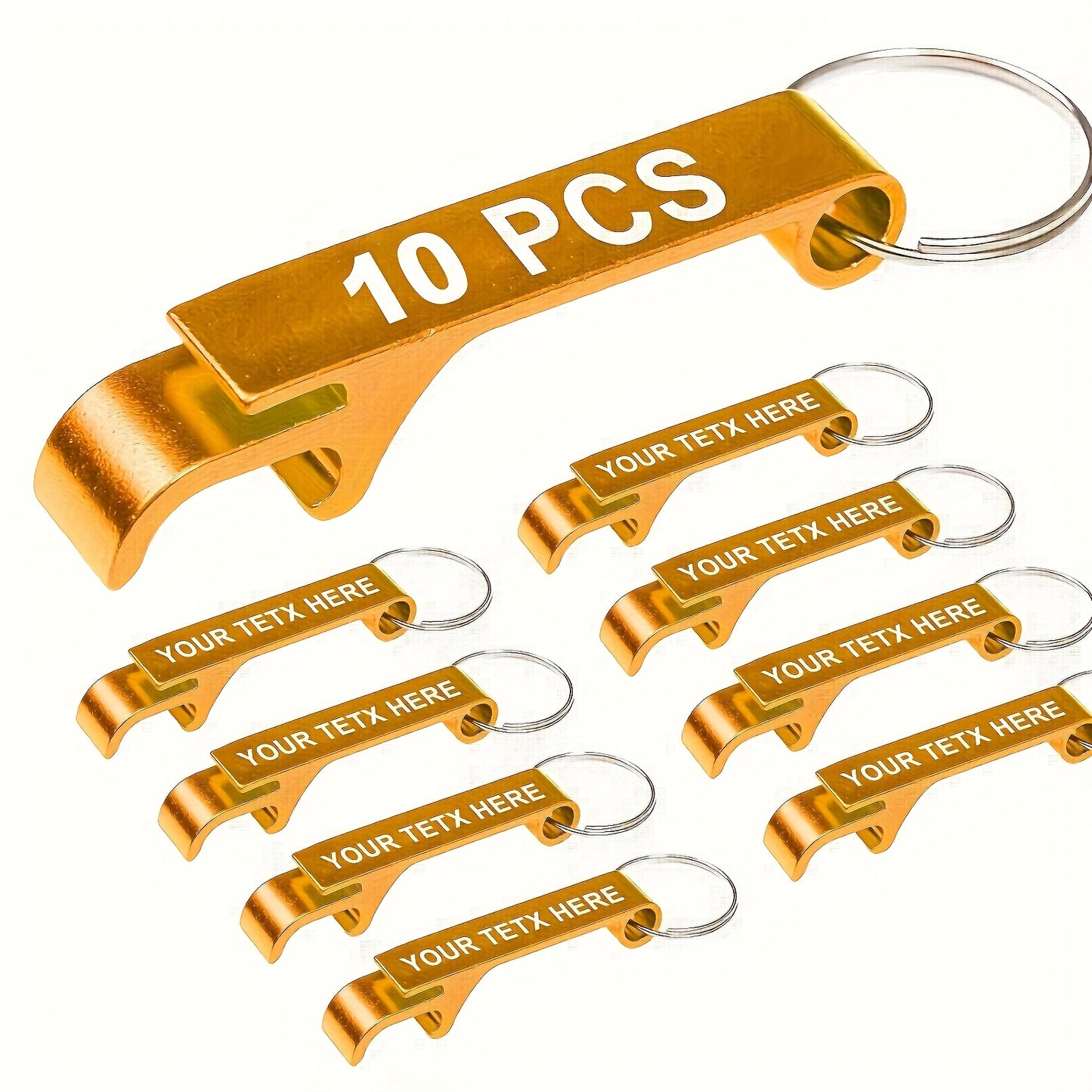 10 custom metal bottle opener keychains for parties and celebrations, durable for kitchen and restaurant use without batteries.