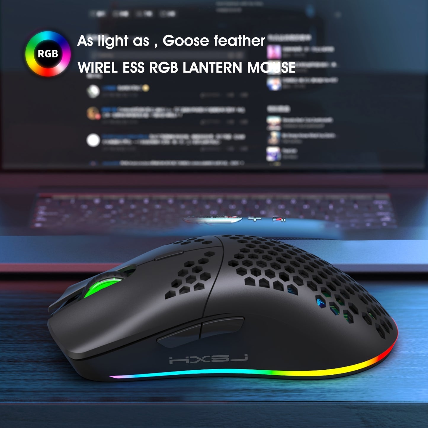 Wireless gaming mouse with RGB lighting, rechargeable, honeycomb design, USB plug & play, and right-handed comfort in white.