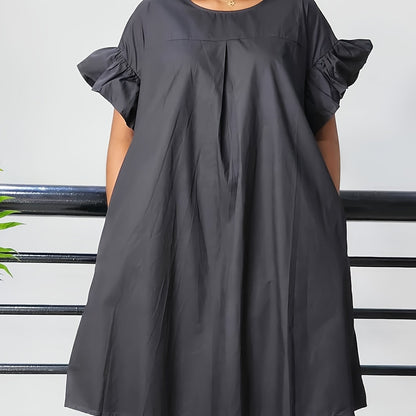 Plus Size Loose Dress with Ruffle Cuff, Elegant Short Sleeve for Spring & Summer, Women's Clothing