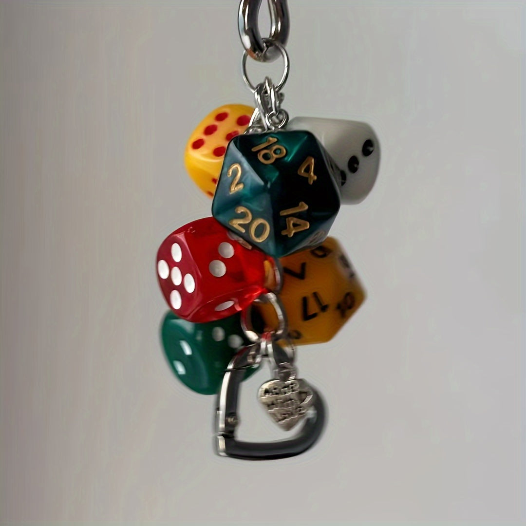 Set of 6 Dice Keychains, Polyhedral Resin Dice Pendants, Number-Decorated Keyrings for Bags and Keys, Perfect Valentine's Day Gift for Gaming and Role-Playing Fans