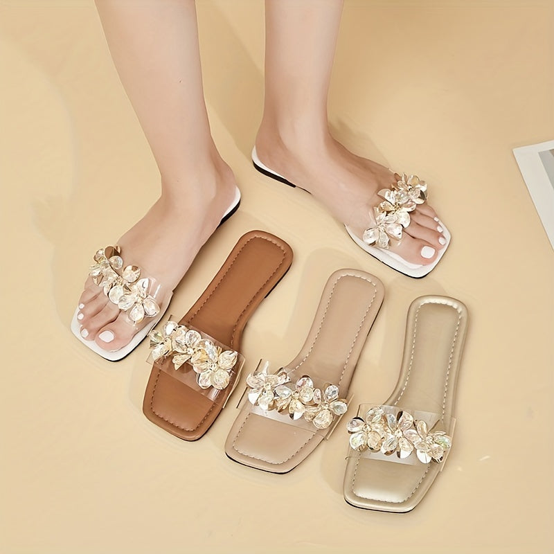 Women's Rhinestone Floral Sandals with Slip-On Transparent Band and Square Toe Flat Soft-Sole.