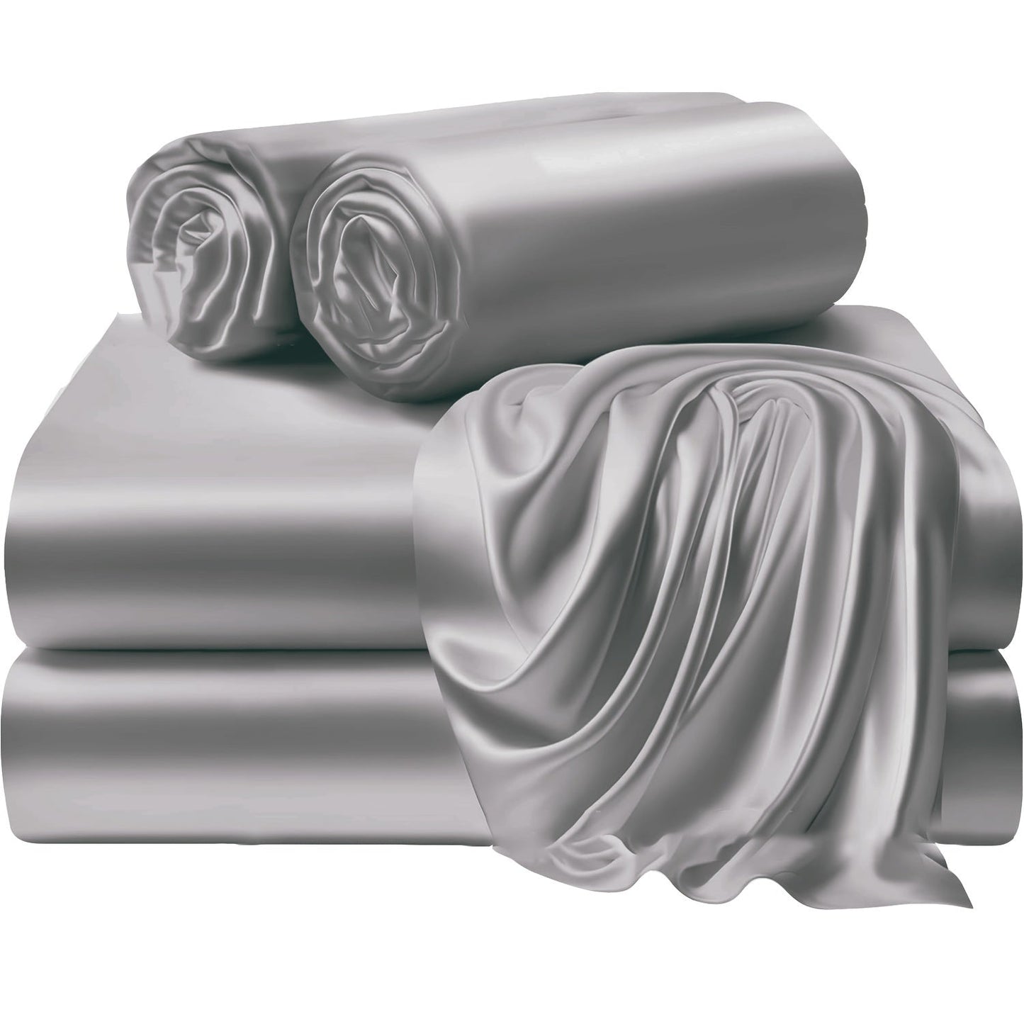 A set of three or four solid color bed sheets and bed skirts, along with half the number of pillowcases, all soft and silky.