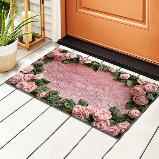 Stylish Pink Rose Non-Slip Bath Mat - Machine Washable, Low Profile with TPR Backing, Knitted Fabric for Bathroom, Bedroom, Kitchen & Entryway - Ideal for Winter Home Decor, Suitable for Outdoor Areas