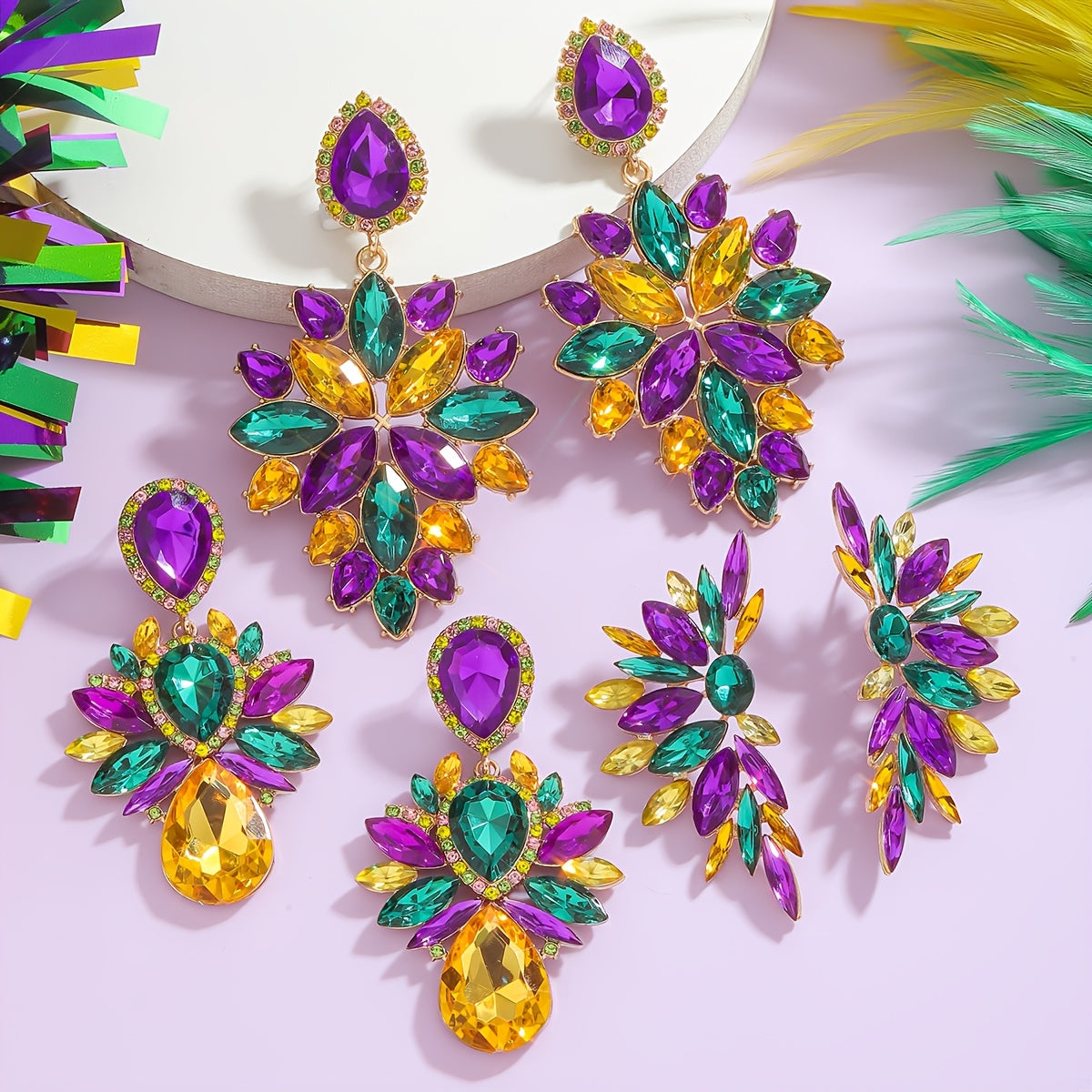 Luxurious Mardi Gras Sparkling Irregular Geometric Rhinestone Earrings in Pair, Bohemian Dangle Earrings in Purple, Green, and Yellow, Made with Zinc Alloy and Stainless Steel Posts, Ideal Holiday Gift for Women.