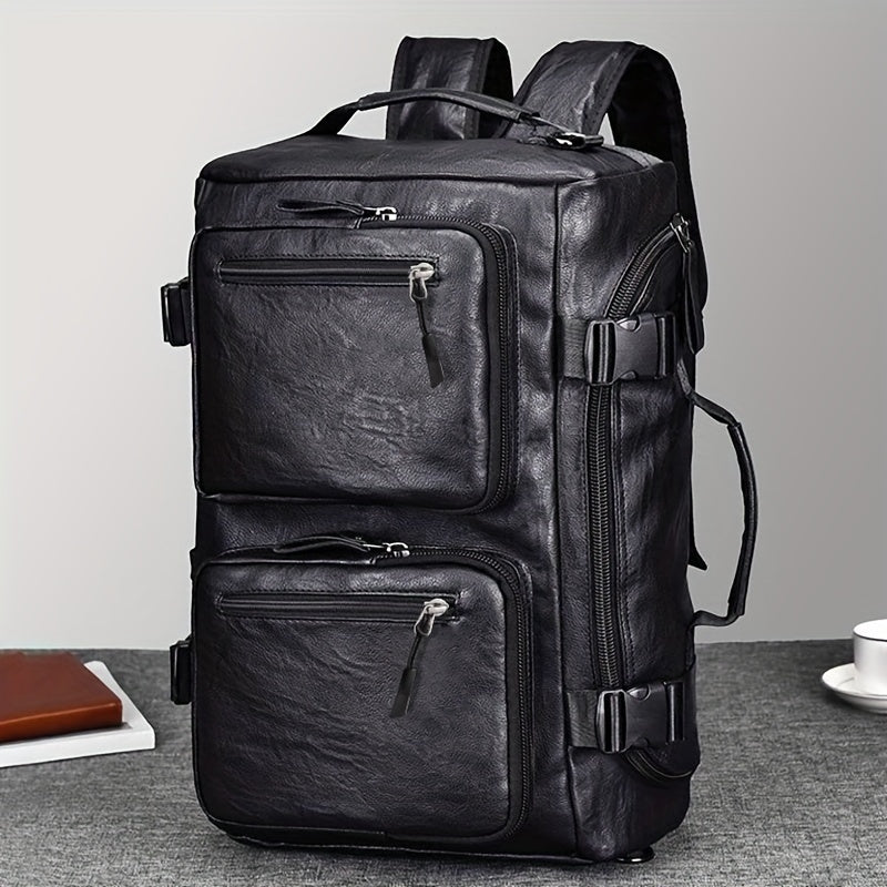 Spacious black backpack with tablet compartment, adjustable straps, and multiple pockets for men and women on the go - ideal for commuting, gym, business, or travel.