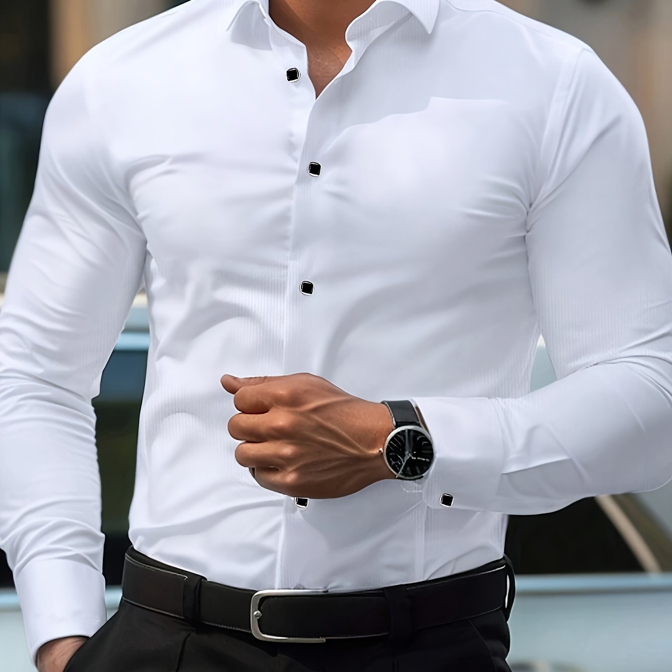 Men's black long sleeve dress shirt with geometric pattern, slim fit, button-up, all-season wear, lapel collar. Suitable for formal and casual events.