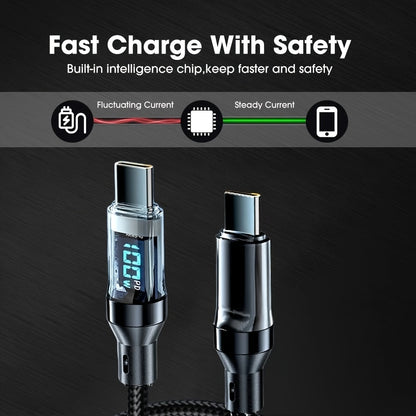 Fast charging Type C cable with digital display, durable nylon, compatible with various mobile phones and tablets, round shape.