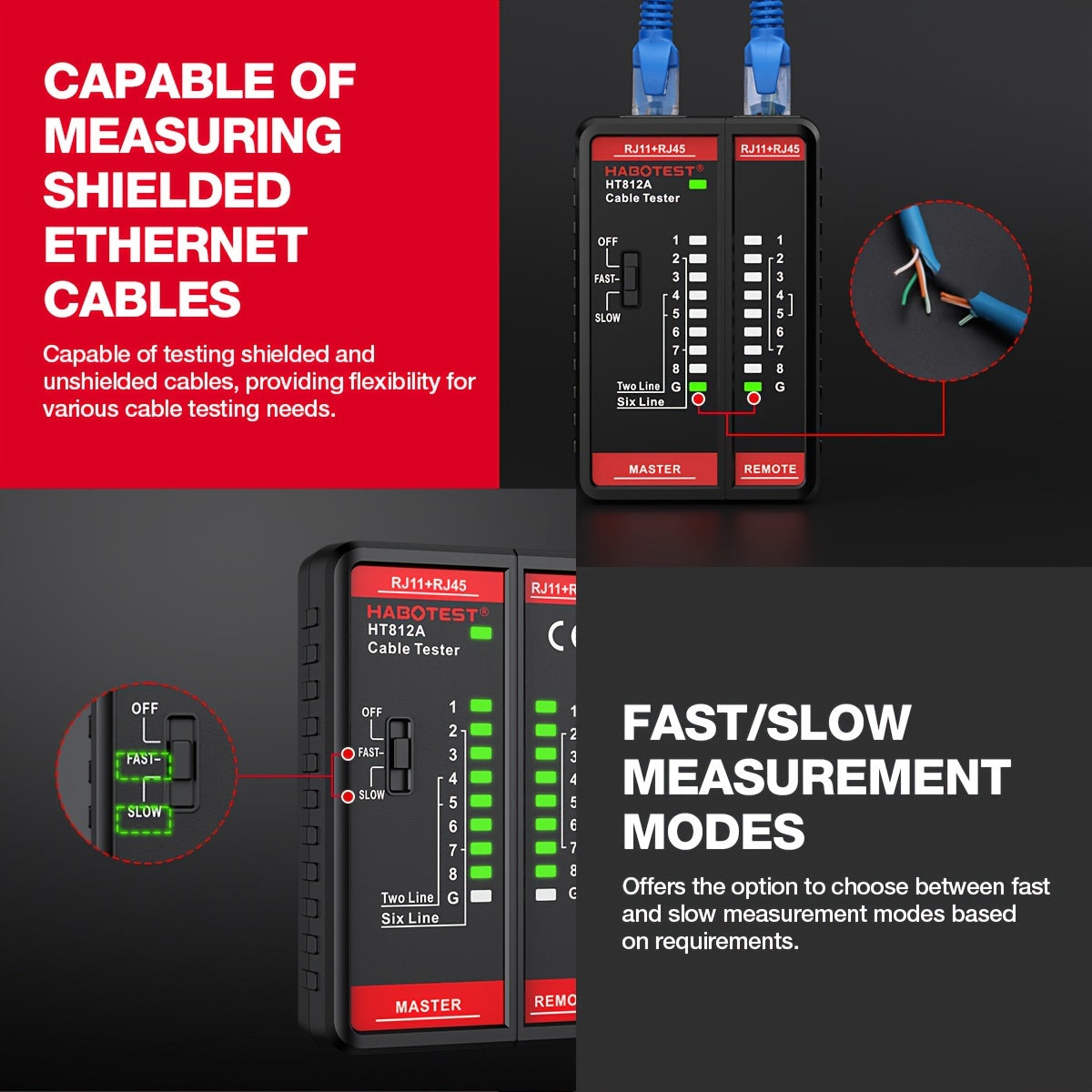 Battery powered HABOTEST Network Cable Tester for RJ45/RJ11/RJ12 CAT5/CAT5E/CAT6/CAT6A.进行连续性和布线测试。Dual-purpose for Ethernet and telephone lines, without battery.