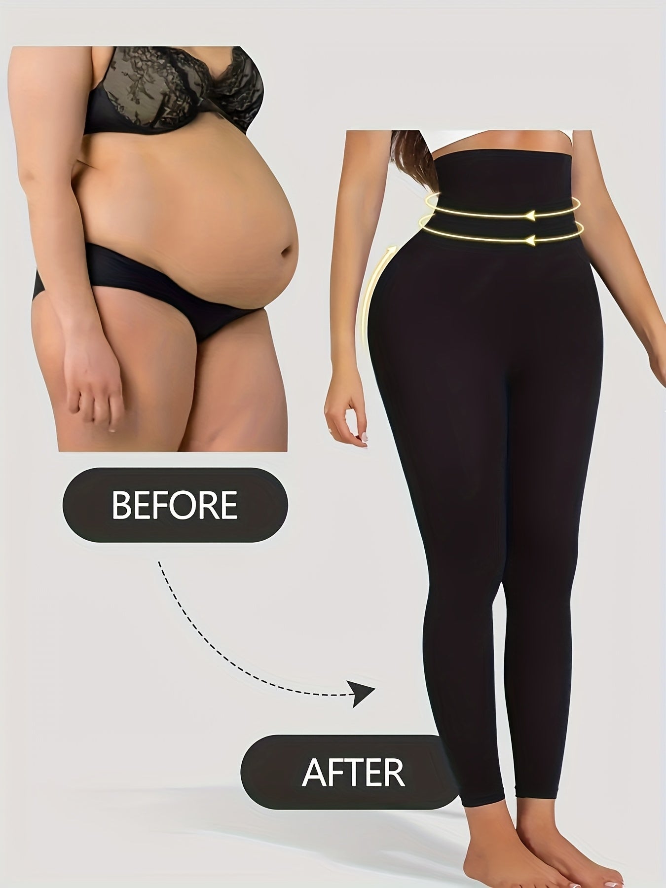 Sleek Comfort high-waist tummy control shapewear leggings made of seamless, stretchy nylon/spandex for yoga, fitness, and outdoor activities. Provides slimming effect before and after use.