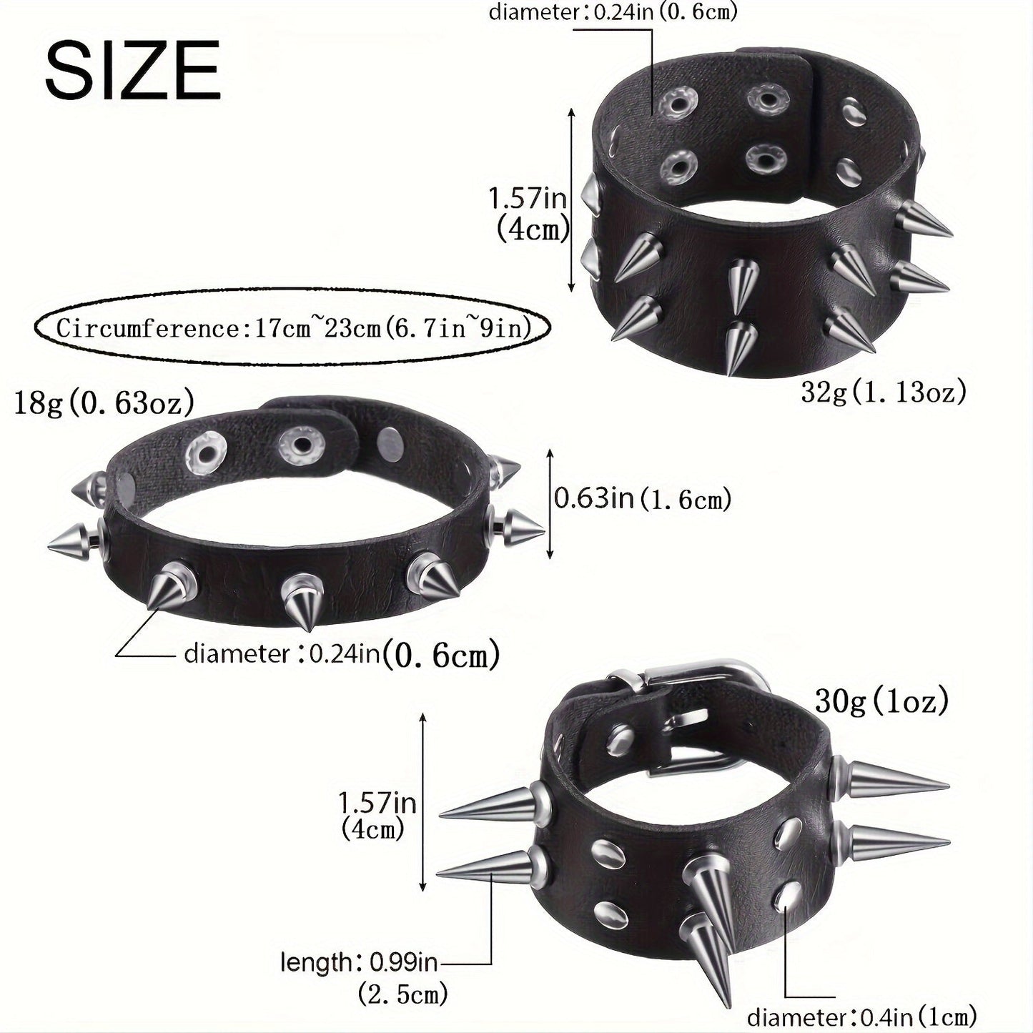 Set of 6 Punk Gothic Faux Leather Bracelets featuring Studded Spikes & Rivet Buckles - Adjustable Black Wristbands Perfect for Men, Rocking 80s Style Party Accessories