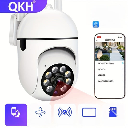 The 1 piece QKH 2.4G WiFi HD Security Camera features PTZ with Auto Tracking, Alarm, Color Night Vision, AI Motion Detection, Flood Light, 1440P Resolution, 350° Horizontal & 90° Vertical Rotation, Two-Way Audio, Smartphone Compatibility, USB Power, and