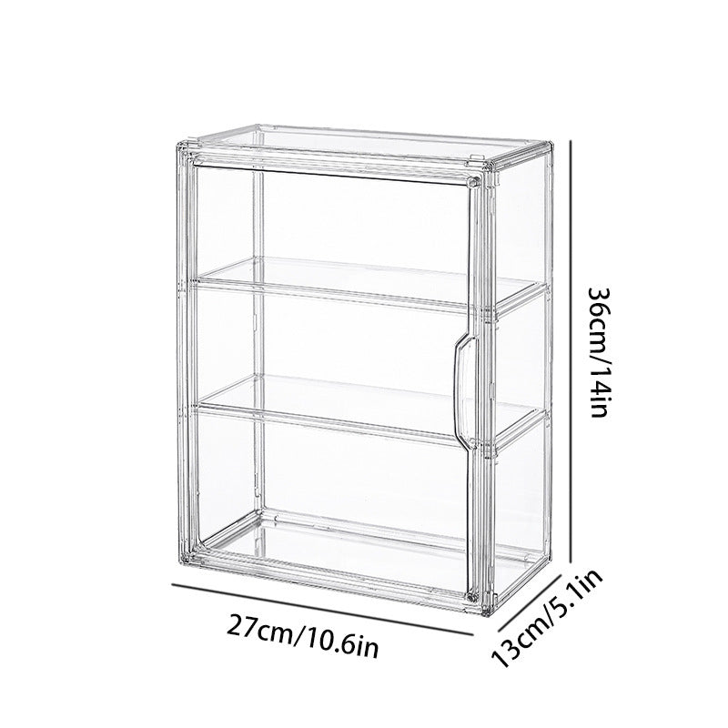 Transparent acrylic display cabinet with dust-proof stacking locker, perfect for home and office. Capacity under 3.2 cubic feet, assembly required.