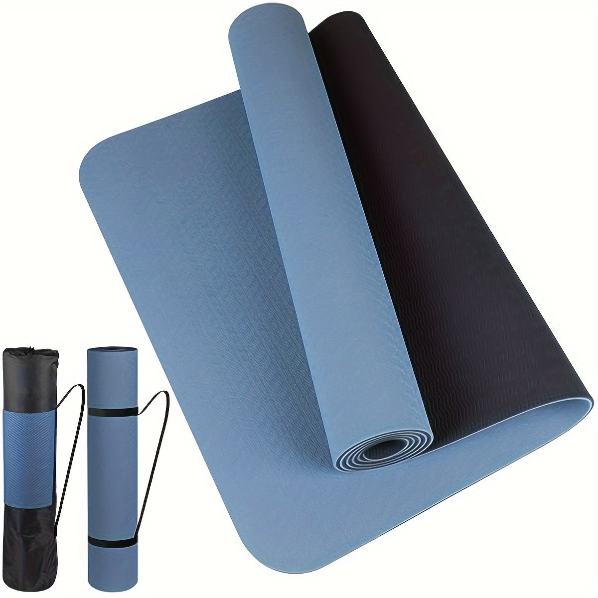 Non-slip yoga mat with textured surface and strap for yoga, pilates, and fitness workouts.