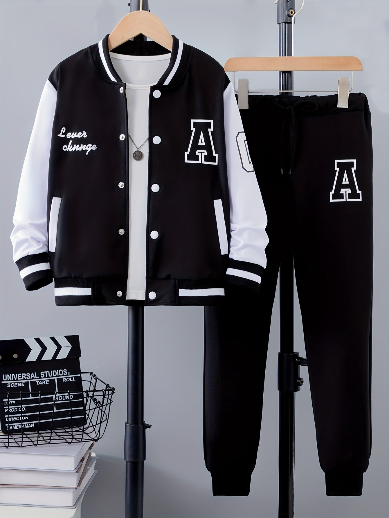 Boy's Letter Print Varsity Jacket Outfit, including bomber jacket and pants set, ideal for fall and winter wear, perfect as a gift.