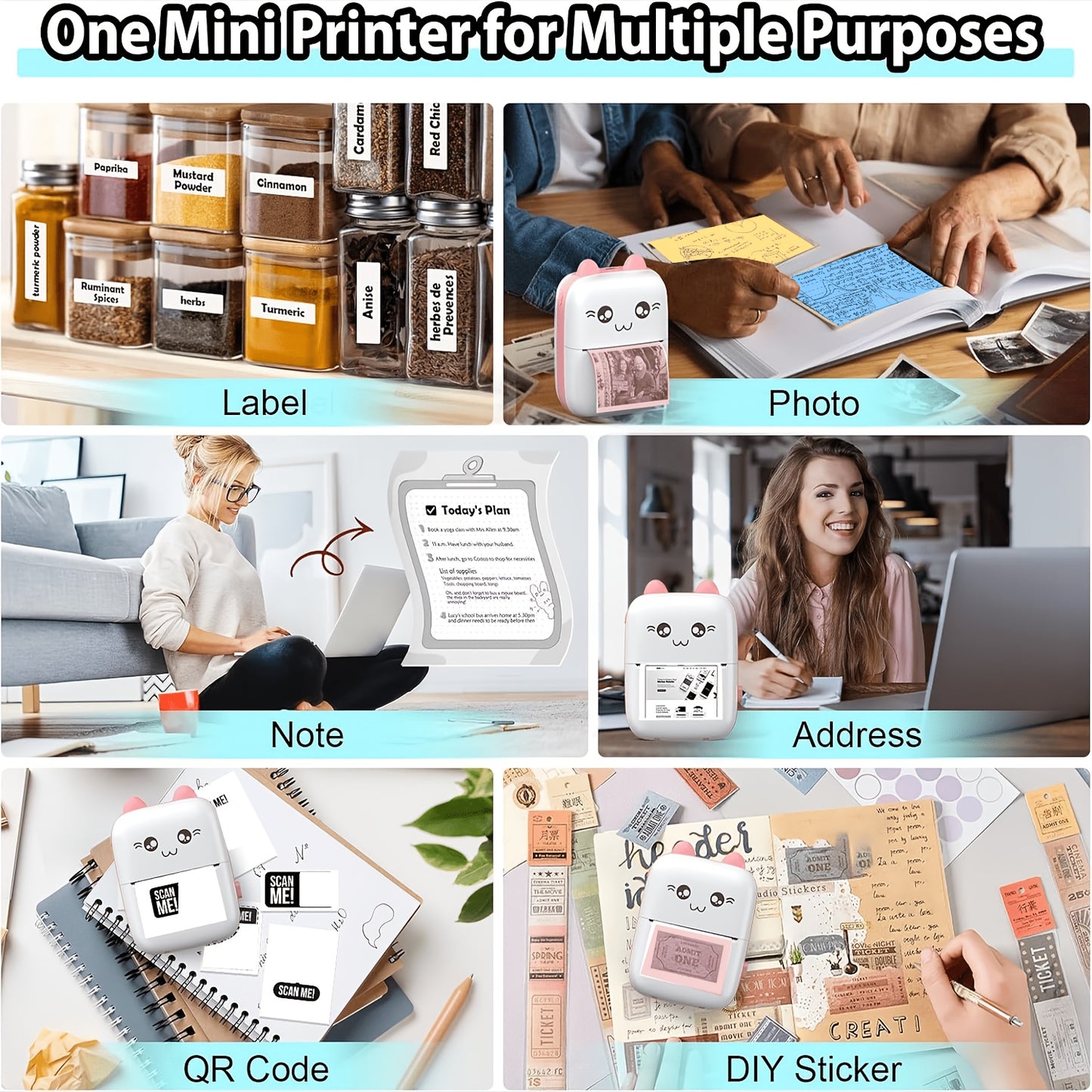 Mini Label Printer uses thermal printing, has single color output, is USB charged, compatible with iOS & Android, has 1200mAh rechargeable lithium battery, wireless connectivity, for