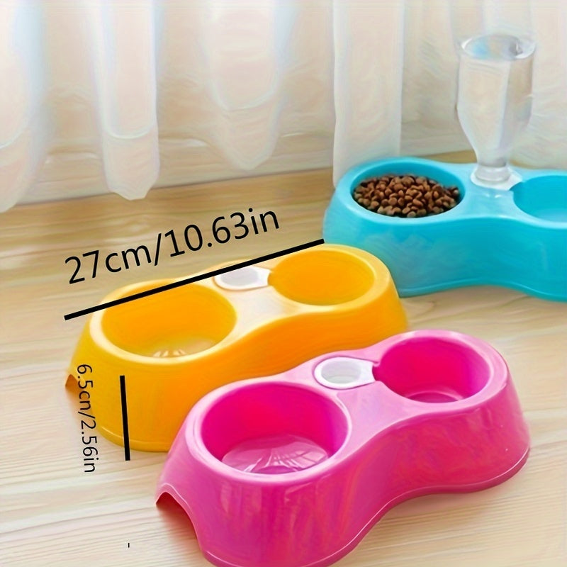 Automatic pet feeder and water dispenser set with double bowls for cats and dogs, made of plastic material and does not require batteries.