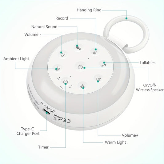 White Noise Sound Machine SA18 features 24 soothing sounds, a customizable night light, and a convenient travel hook - perfect for relaxation and children.