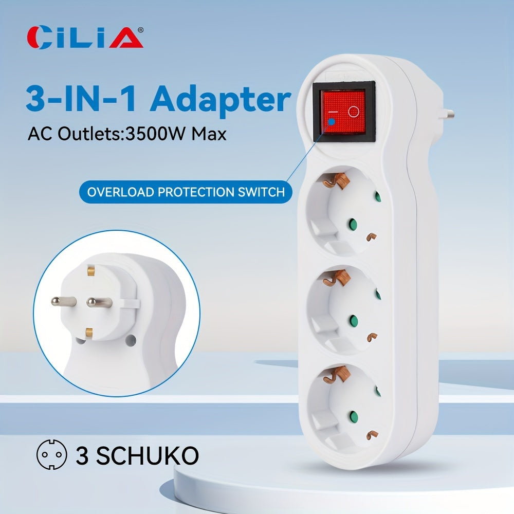 CILIA European Standard Wall Outlet with Switch: Shock-proof, 3500W power, overload protection, portable for home and office use in white color.