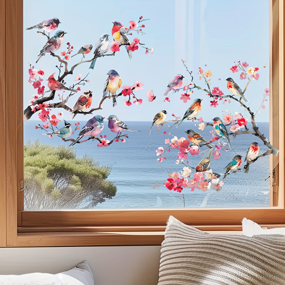 Decorate your home with Watercolor Tree Branches featuring Birds and Flowers - Removable Glass Window Sticker - Measures 59cm x 23.23 inches