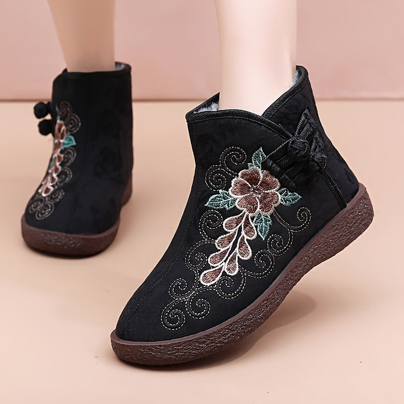 Women's Winter Warm Fleece-Lined Ankle Boots with Chinese Style, Round Toe, Buckle Closure, Floral Pattern, Fabric Upper, Faux Sole/Insole.