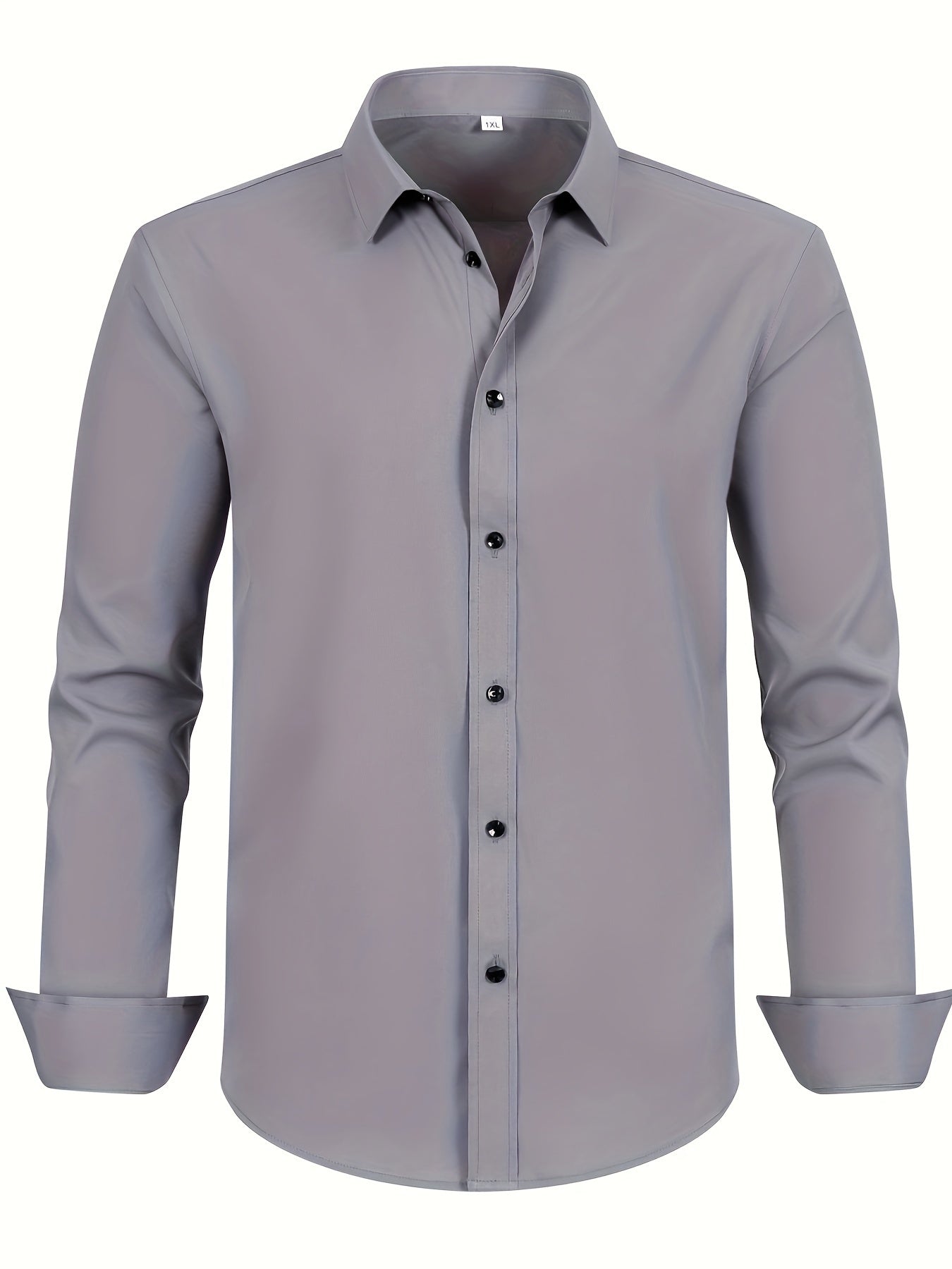 Men's plus size dress shirt in solid color with square collar, regular fit, made from all-season polyester with slight stretch. Features button details and woven fabric, weighing 120g/m².