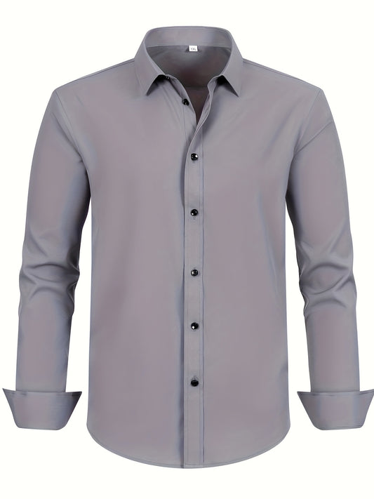 Men's plus size dress shirt in solid color with square collar, regular fit, made from all-season polyester with slight stretch. Features button details and woven fabric, weighing 120g/m².