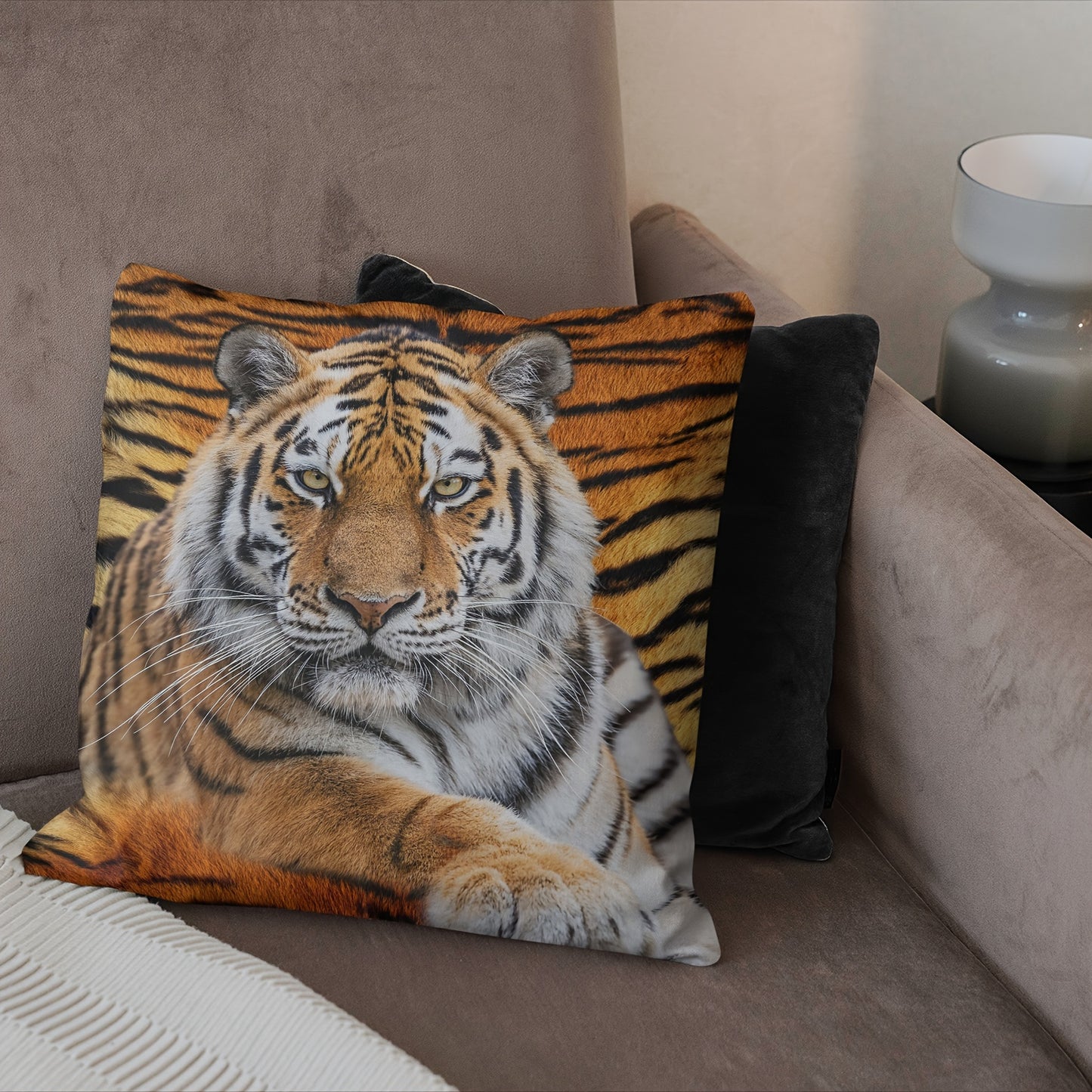 Tiger-themed plush pillow cover, 45.72x45.72 cm, zippered with single-sided print, ideal for sofa or bedroom, machine washable.