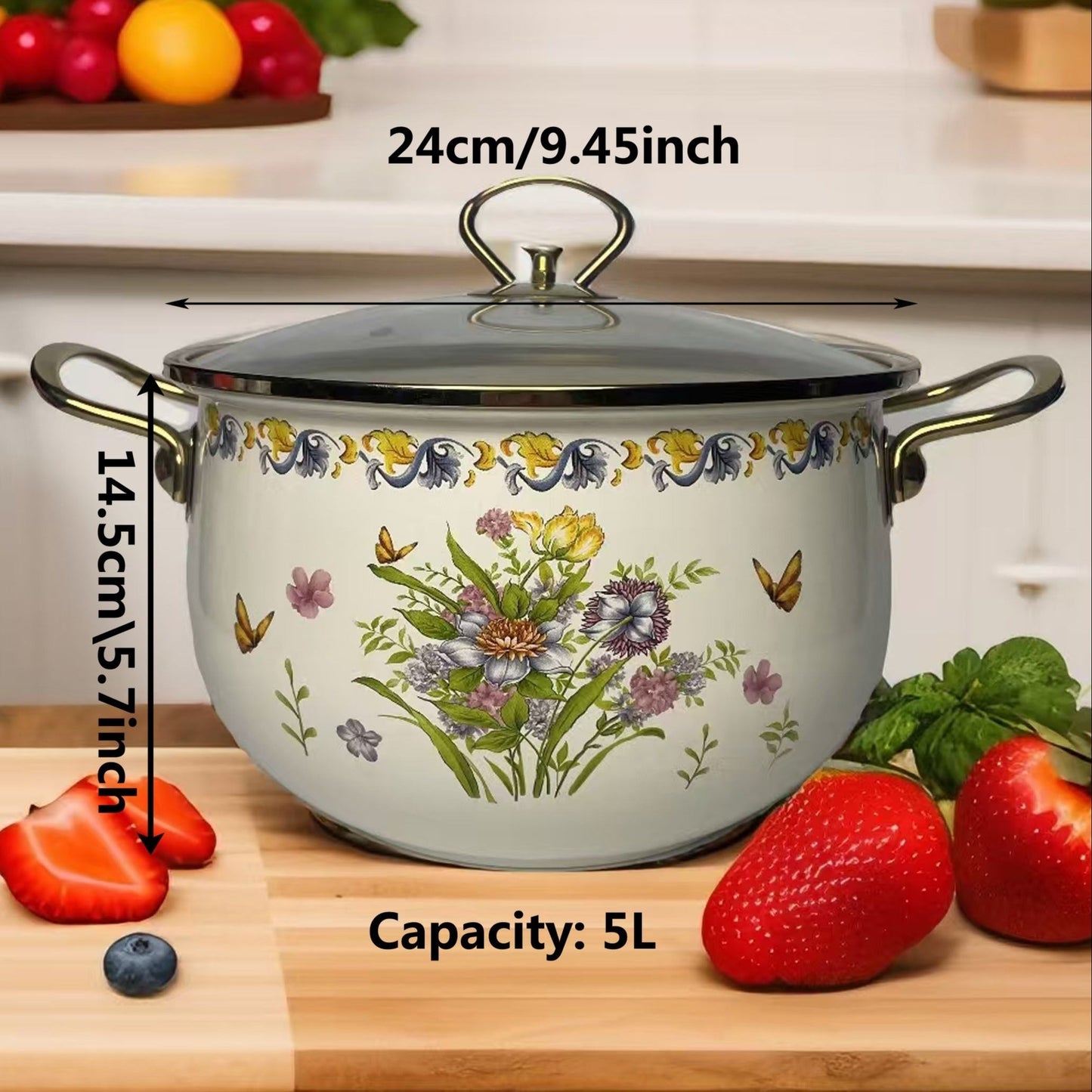 Large Capacity Enamel Stockpot with Lid Featuring Vintage Floral Design and Thickened Enamel Soup Pot with Dual Handles, Perfect for Home Cooking